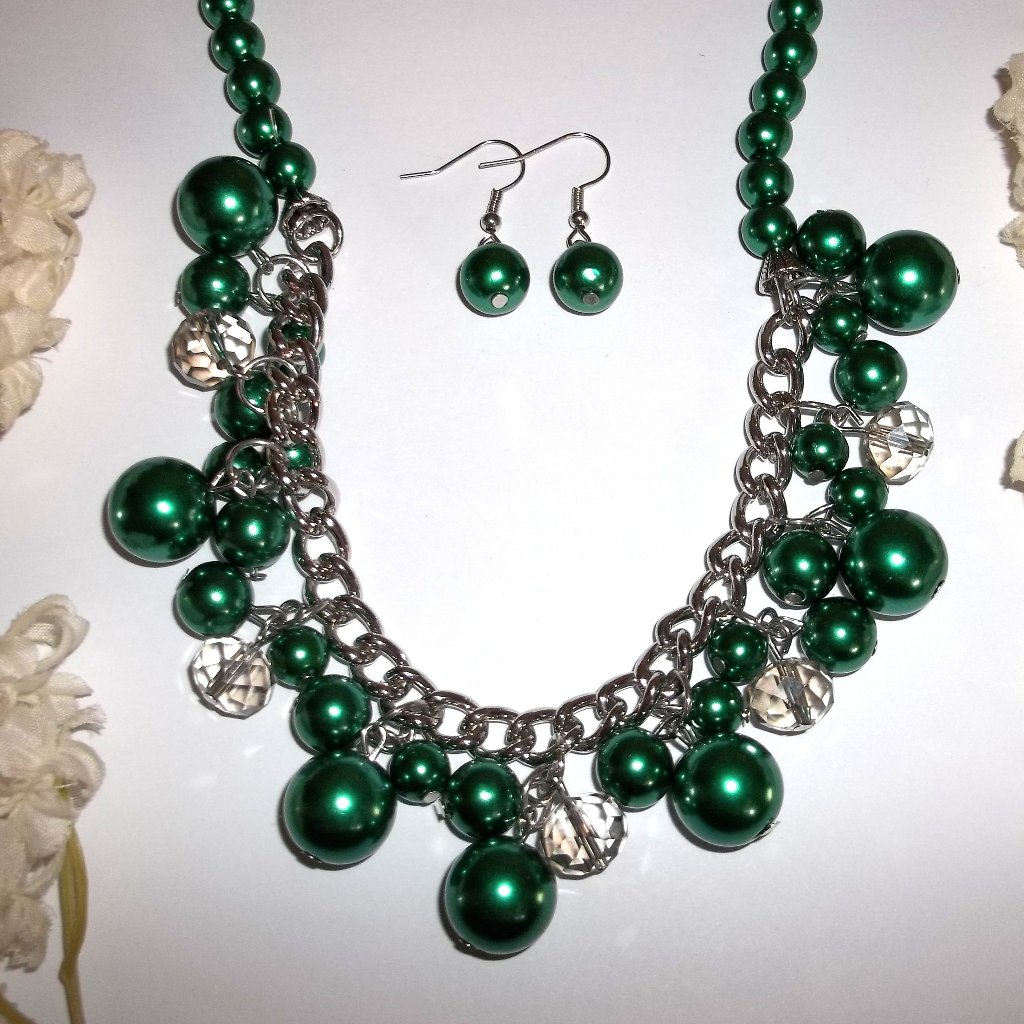 Green Pearl Necklace Silver Earrings Fashion Jewelry Accessory Set Woman C734